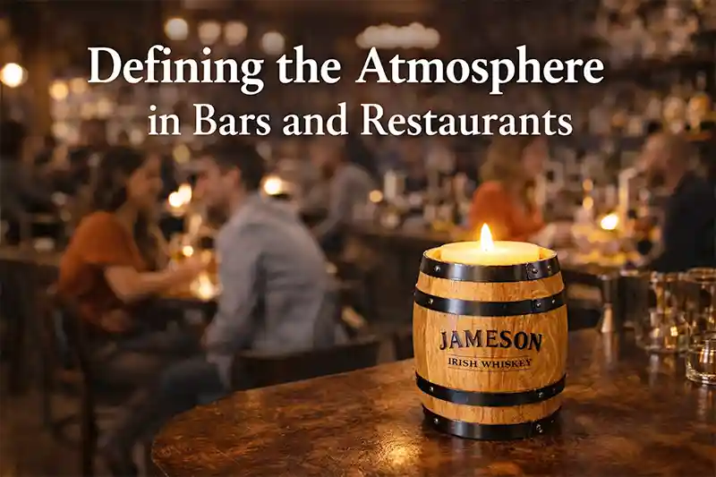 Branded oak barrel candle holder on bar creating warm atmosphere in restaurant, distillery promotional product enhancing whiskey brand experience