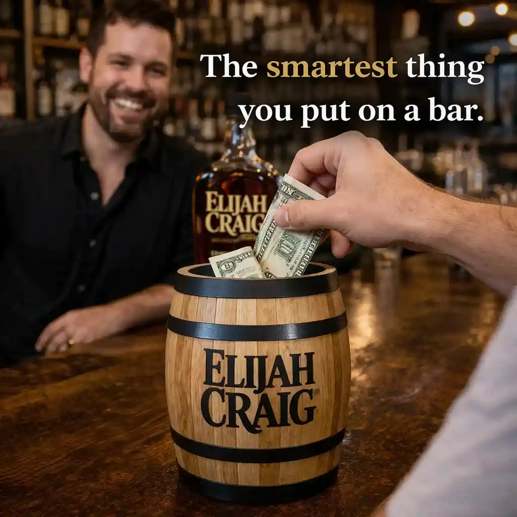 Customer placing money into branded mini oak barrel tip jar on bar with smiling bartender, promotional product for distilleries and whiskey brands