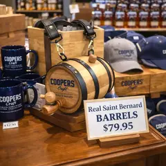 Custom branded mini oak barrel St. Bernard dog barrels displayed in distillery gift shop, promotional product with logo imprint for retail sales