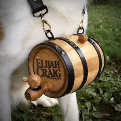 Personalized mini oak barrel dog collar with custom whiskey brand logo, creative promotional product for distillery marketing and retail