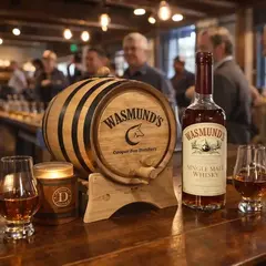 Wasmund’s custom oak whiskey aging barrel with bottle and glasses in distillery tasting room