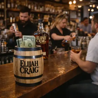 Custom engraved oak barrel tip jar on a bar as a customer adds cash while a bartender gives a thumbs up, showcasing bar promotion and branding