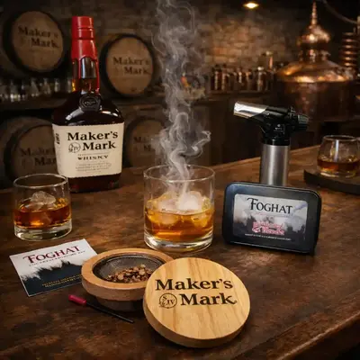 Custom branded cocktail smoker adding smoke to a whiskey glass on a wooden table with wood chips for a premium promotional experience.