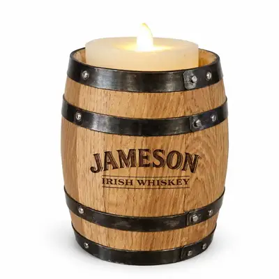 Custom branded oak barrel candle holder with engraved logo, premium distillery promotional product for gift shops and whiskey brands