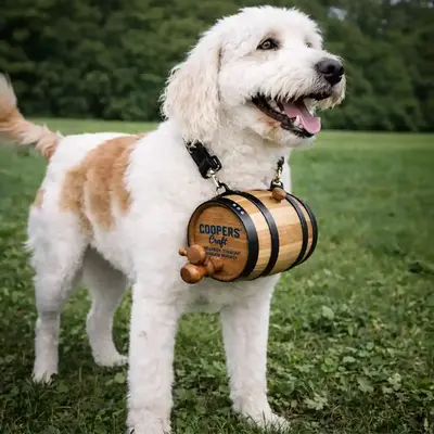 Dog wearing custom branded St. Bernard style mini oak barrel, distillery promotional product designed for logo imprint and gift shop sales