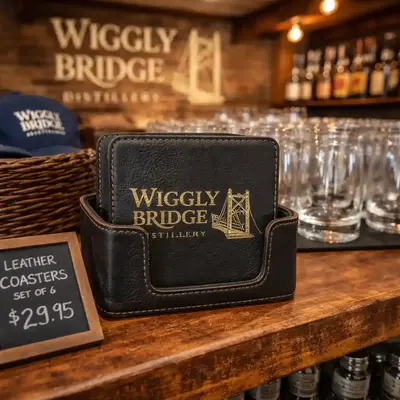 Custom leather coaster set in holder displayed in a distillery gift shop with barware and merchandise, perfect for retail and promotional products