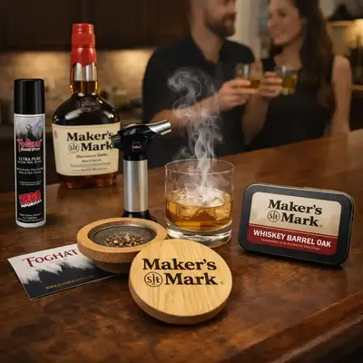 Custom logo cocktail smoker used at a home bar with smoked drinks, highlighting a unique promotional gift for entertaining.