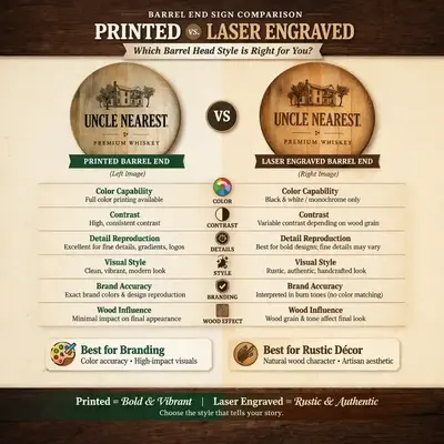 Comparison infographic showing printed vs laser engraved barrel head signs highlighting color capability, contrast, and branding differences